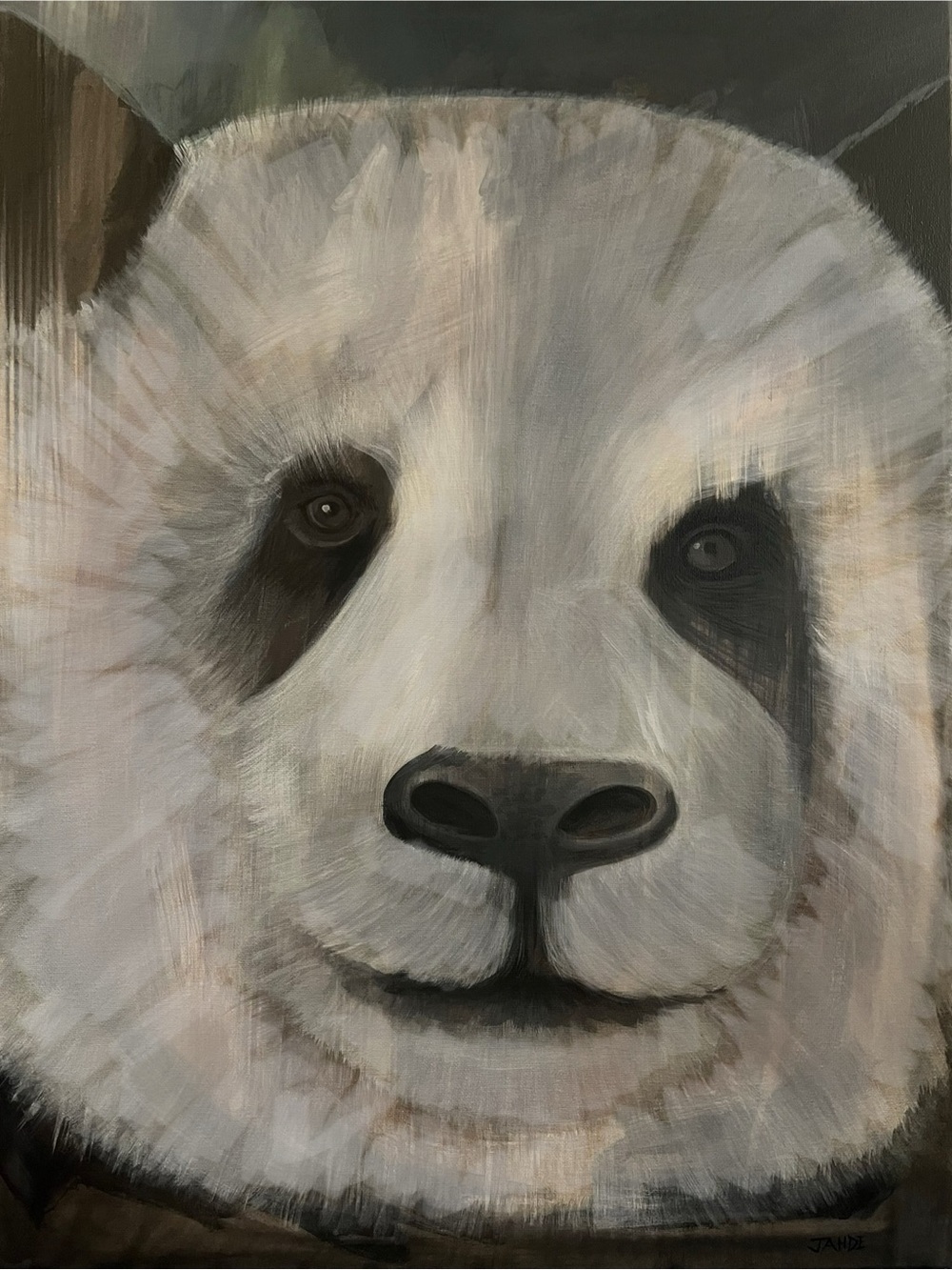 Hand-Painted Panda Face Canvas Art in Cream and Black. By Jahde Art. 18”x24”